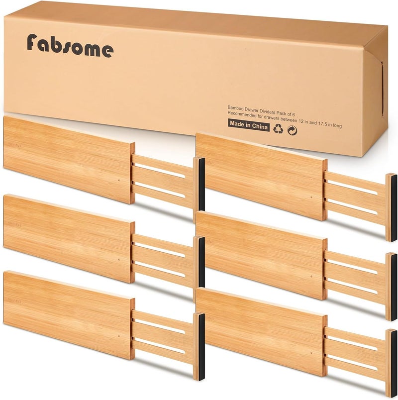 Fabsome Dresser Drawer Organizers 6 Pack, 4.65'' High Adjustable from 17-22‘’ Bamboo Drawer Dividers for Clothing Baby Clothes, Wooden Separators for Dresser Nursery Organization with Soft Foam Ends - Image 1